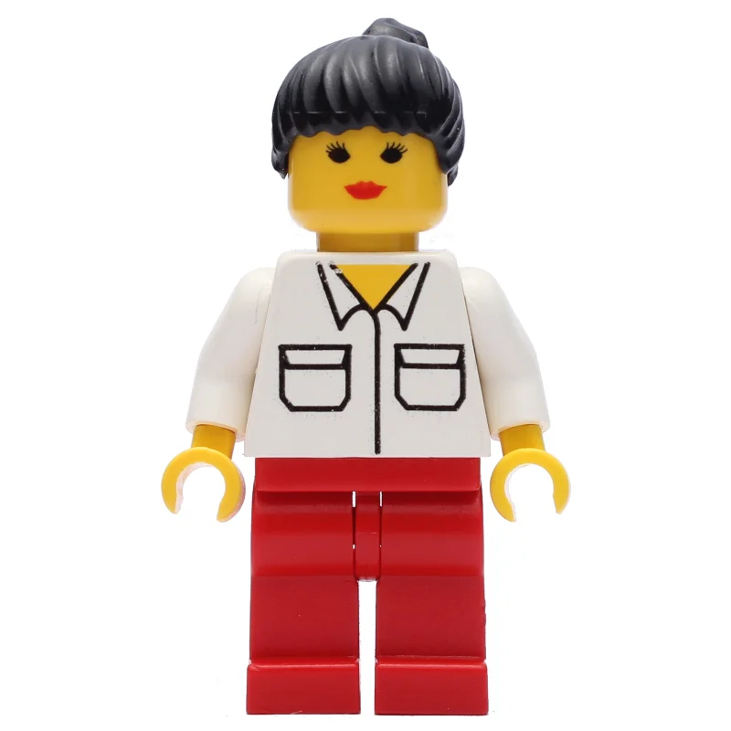 Woman, White Shirt with Pockets, Red Legs, Black Hair