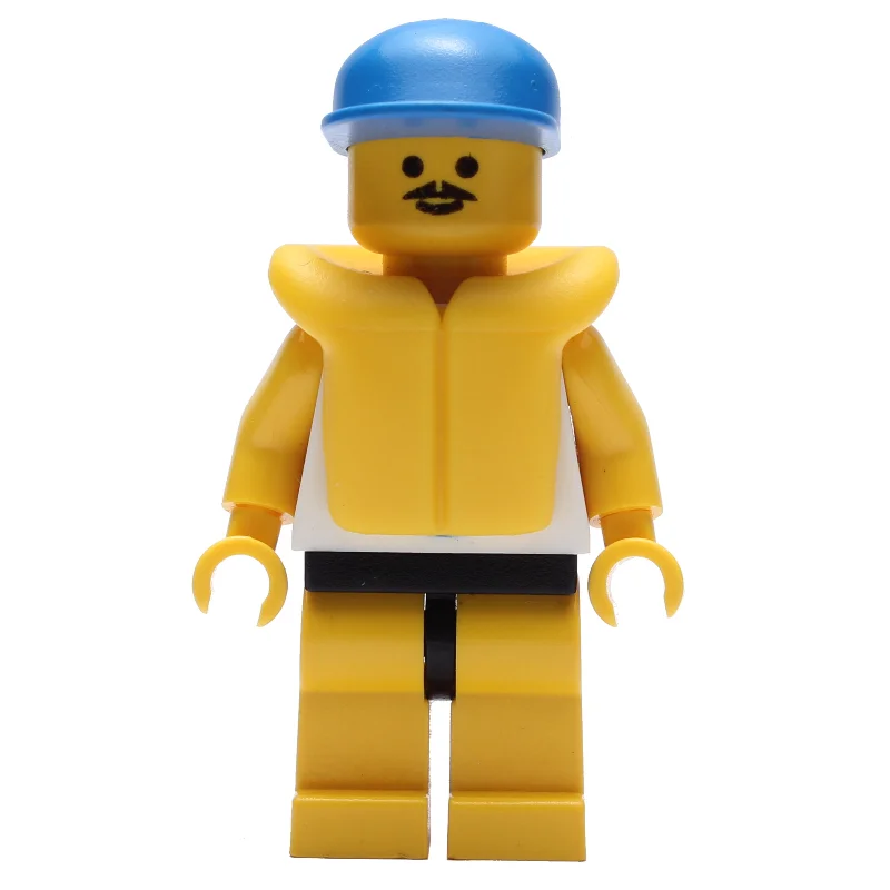 Man, White Tank Top with Windsurfer, Yellow Legs, Blue Cap, Yellow Life Vest, Moustache