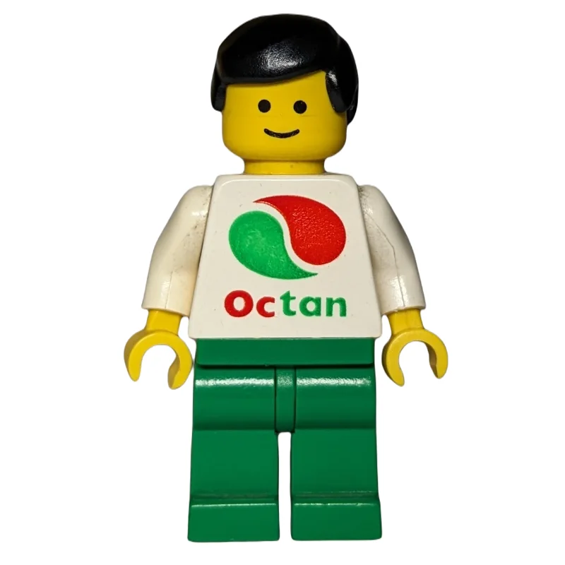 Man, White Top with Large Octan Logo, Green Legs, Black Hair