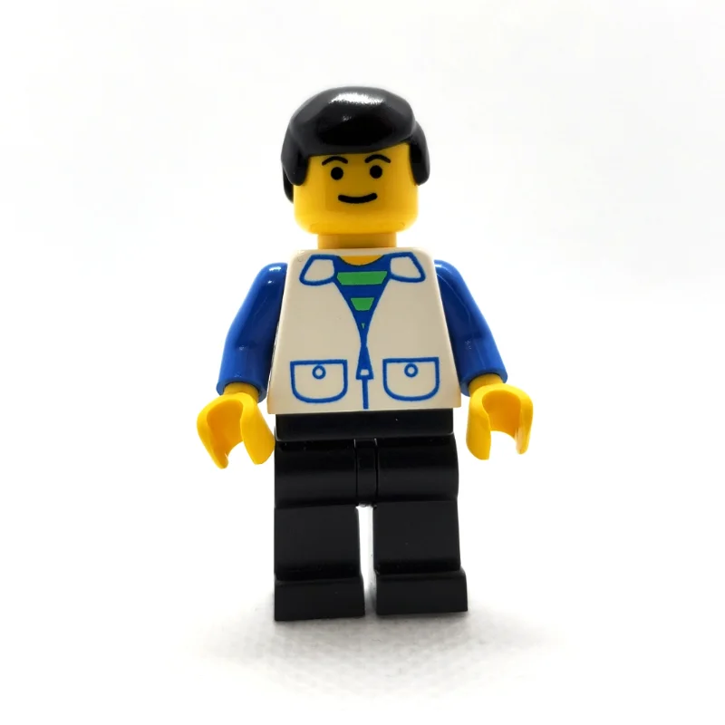 Man, Open White Vest over Blue and Green Striped Shirt, Black Legs, Black Hair