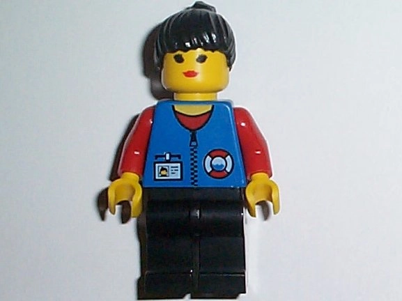 Coast Guard, Woman, Blue Jacket with Zipper and ID Badge. Black Hair