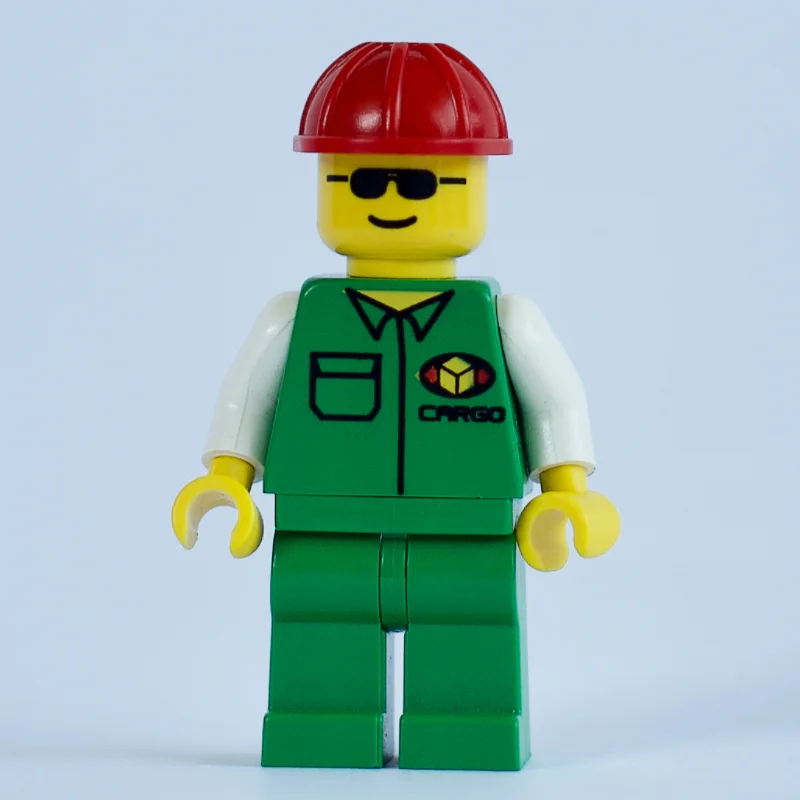 Cargo Worker, Green Jacket with Pocket, Red Hard Hat, Sunglasses