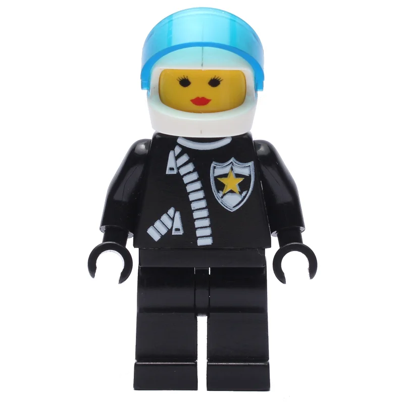 Policewoman, Black Jacket with Zipper and Badge, White Helmet with Trans-Dark Blue Visor