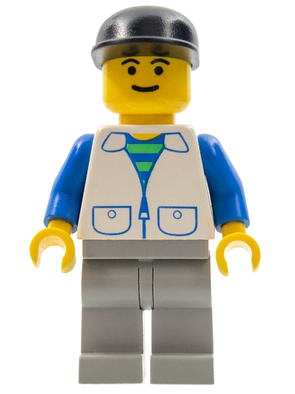 Man, Open White Vest over Blue and Green Striped Shirt, Light Gray Legs, Black Cap
