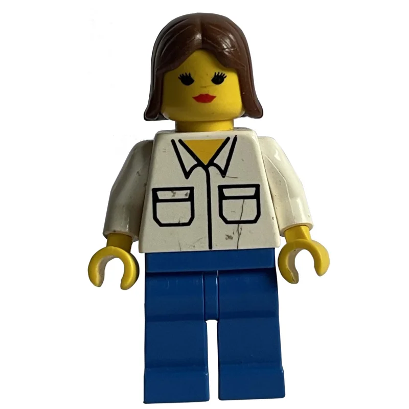 Woman, White Shirt with Pockets, Blue Legs, Brown Hair