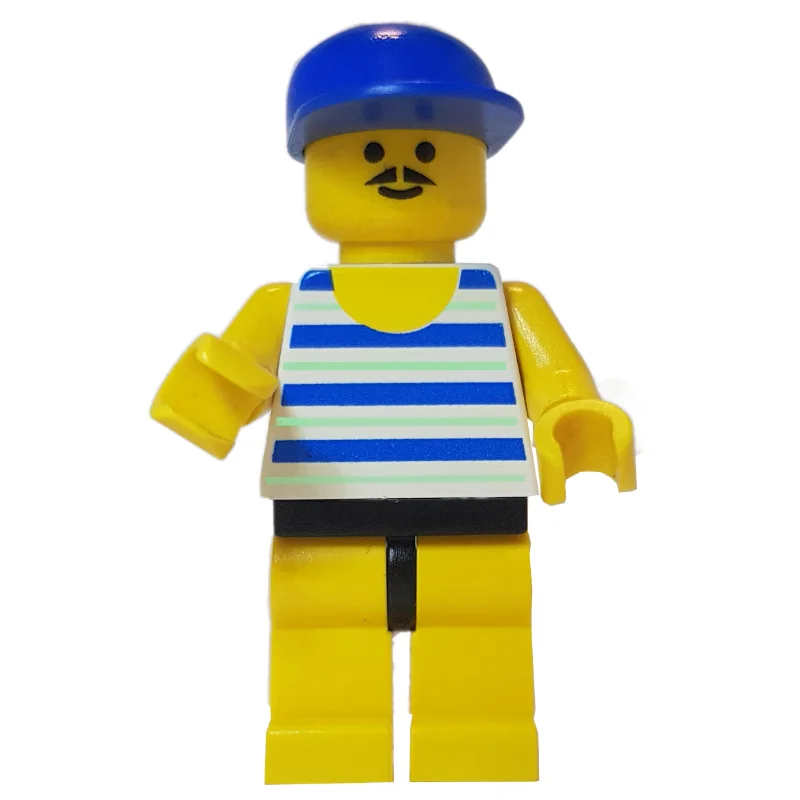 Man Blue and White Striped Swimsuit, Blue Cap, Moustache