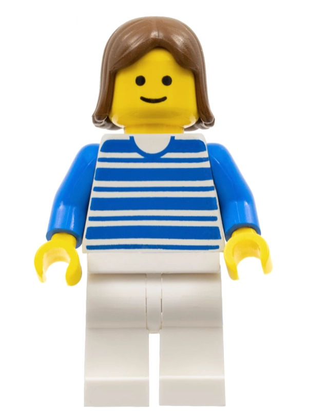 Woman, Blue and White Stripe Shirt, White Legs, Brown Hair