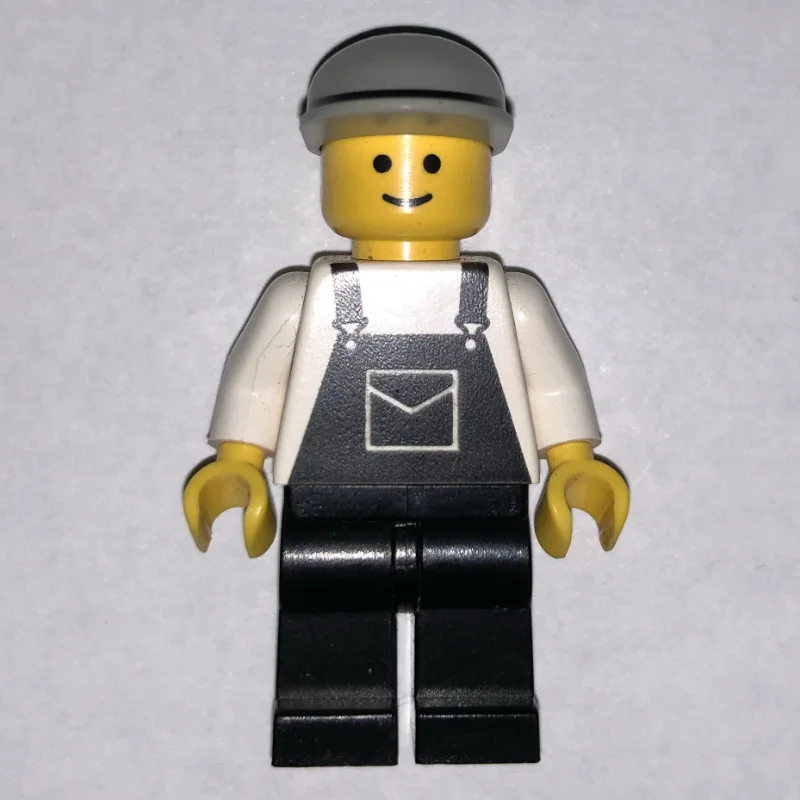 Man, Black Overalls, Light Gray Cap