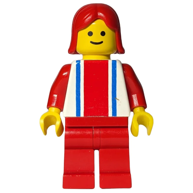 Woman, White Top with Large Red Stripe and 2 Blue Stripes, Red Legs, Red Hair