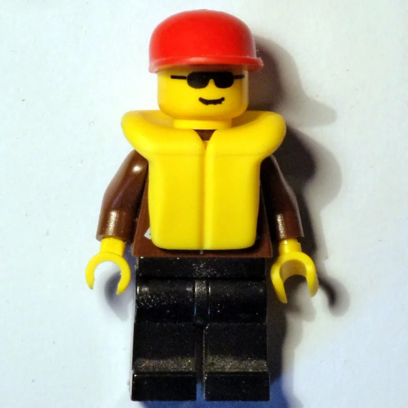 Man, Brown Jacket, Black Legs, Red Cap, Yellow Life Vest, Sunglasses