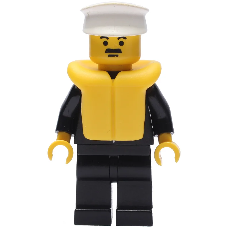 Policeman, Black Suit with Tie and Badge, White Hat, Yellow Life Vest, Moustache