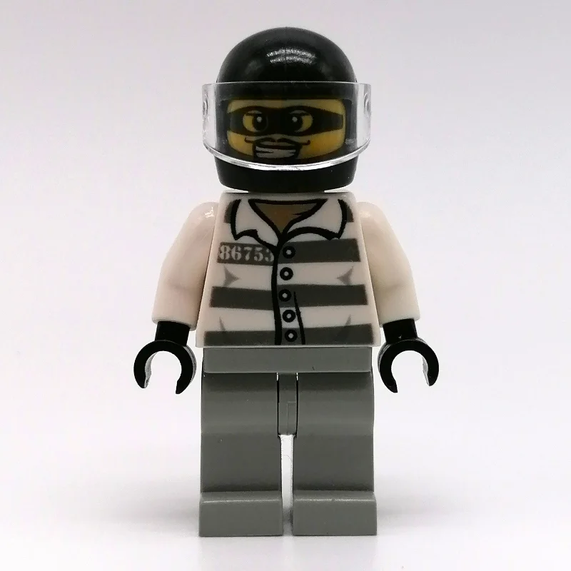 Criminal, Prison Shirt with #86753, Light Bluish Gray Legs, Black Helmet with Visor, Eyemask