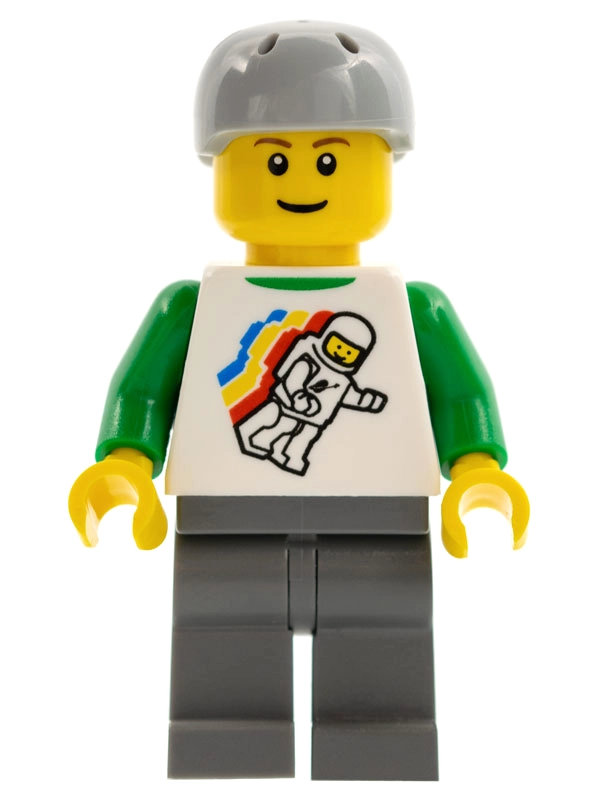 Man, Floating Classic Spaceman on Shirt, Dark Bluish Gray Legs, Light Bluish Gray Helmet