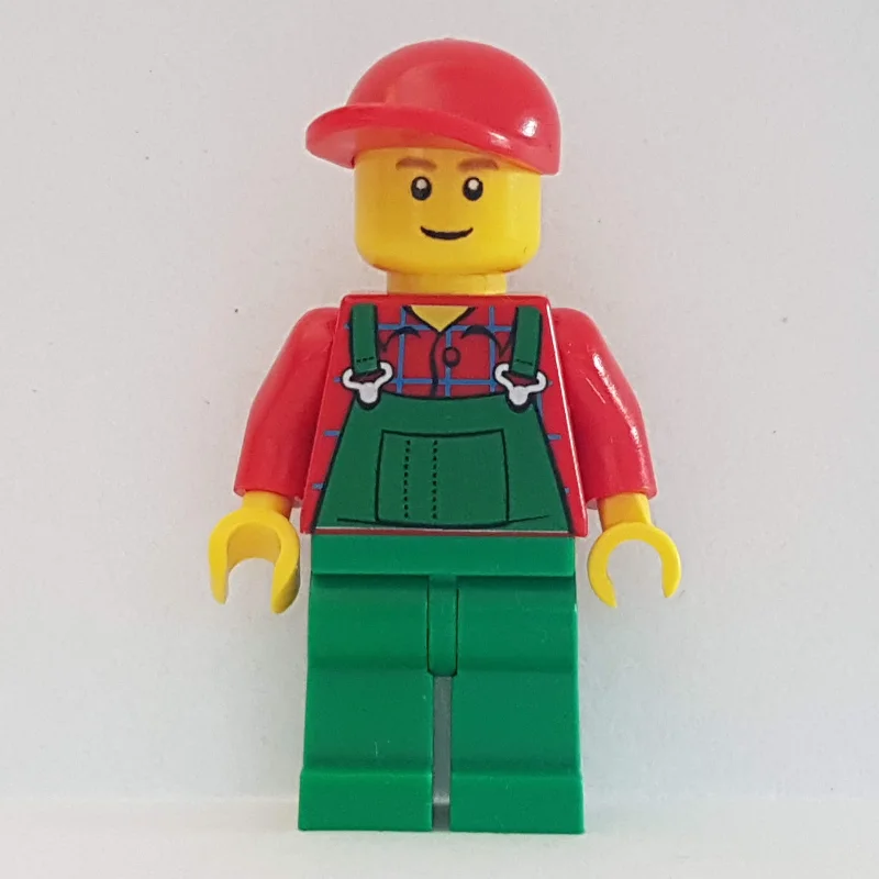 Man, Green Overalls over Red Shirt, Red Cap, Brown Eyebrows, Reddish Brown Eyebrows