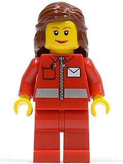 Postal Worker, Woman, Red Jacket with Zipper and Letter Logo, Red Legs, Reddish Brown Hair