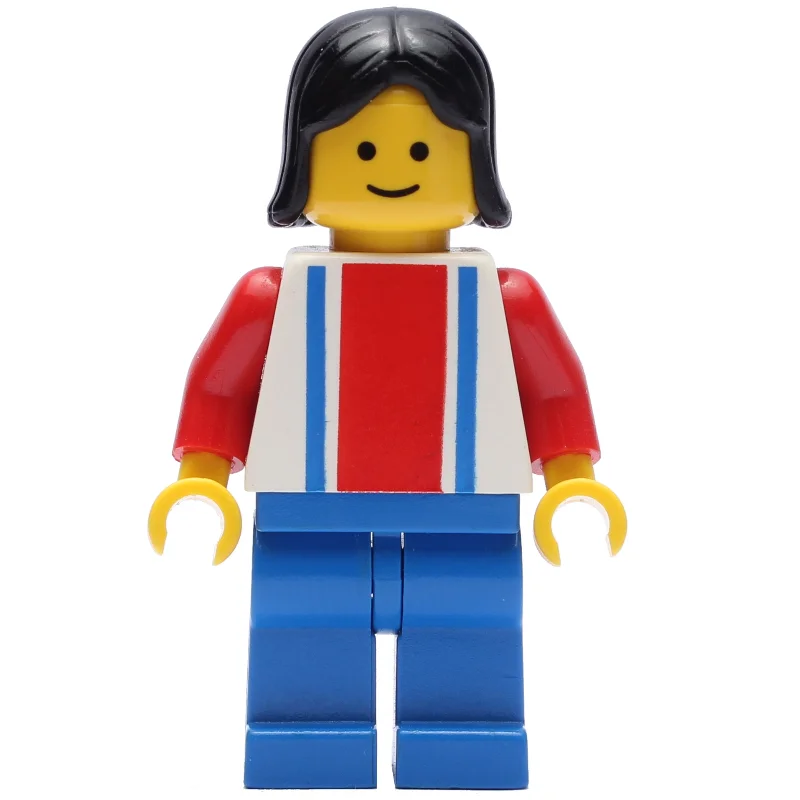 Woman, White Top with Large Red Stripe and 2 Blue Stripes, Blue Legs, Black Hair