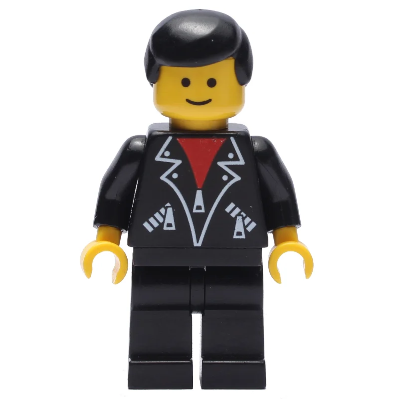 Man, Open Black Jacket over Red Shirt, Black Legs, Black Hair