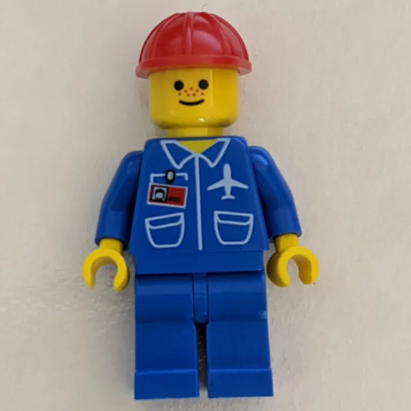 Ground Crew, Blue Jumpsuit with Plane and ID Badge, Red Hard Hat