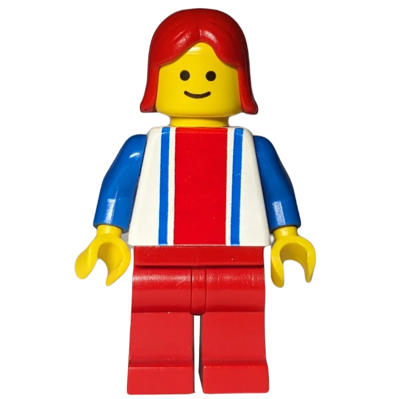 Woman, White Top with Large Red Stripe and 2 Blue Stripes, Red Legs, Red Hair