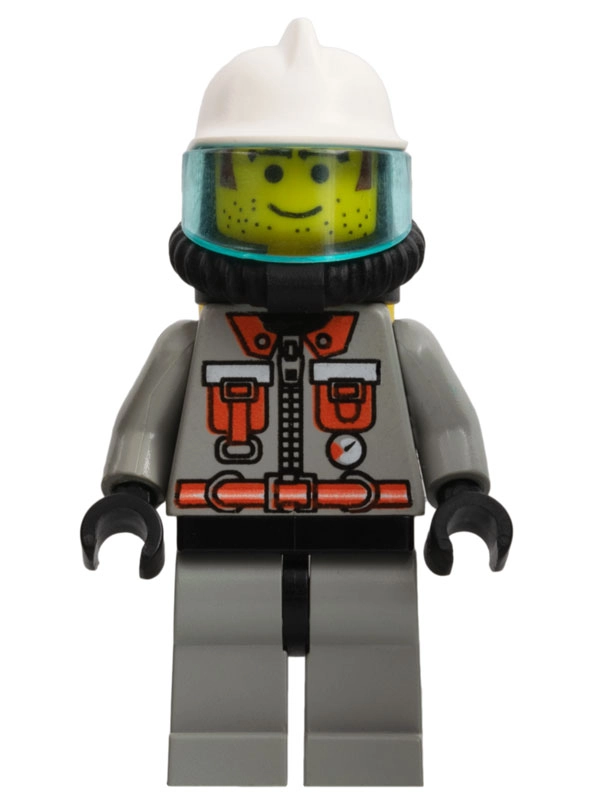 Fred - Fireman, Light Gray Fire Suit with Zipper, Gauge, and Belt, White Helmet with Visor, Breathing Apparatus, Airtanks