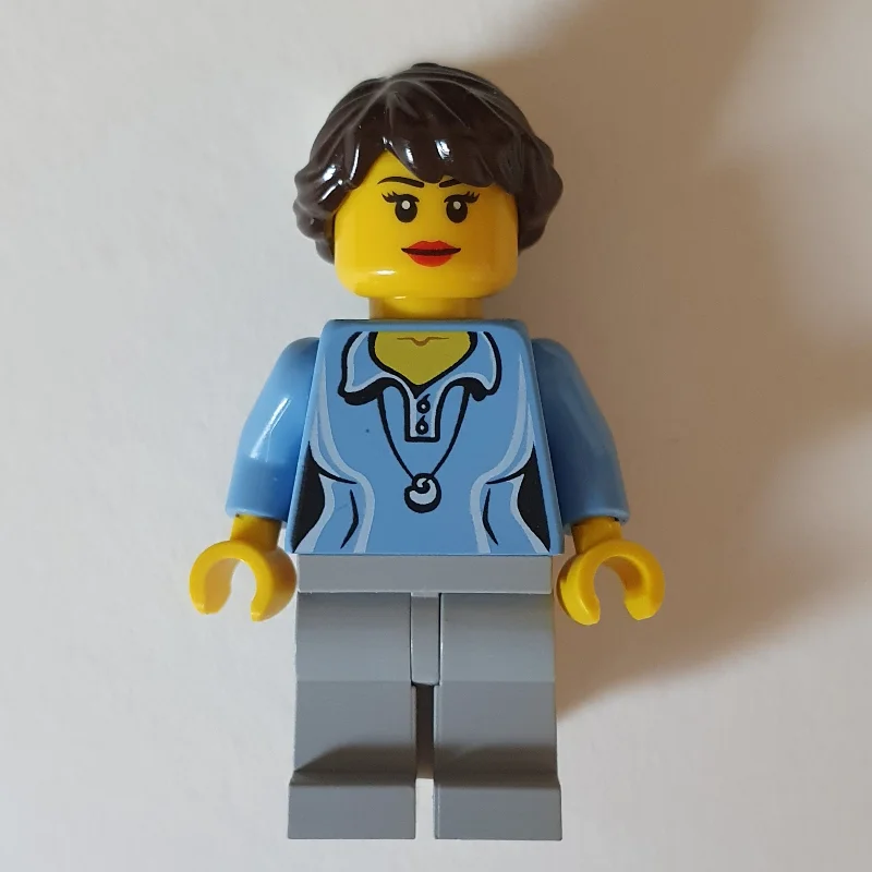 Woman, Medium Blue Polo Shirt with Necklace, Light Bluish Gray Legs, Dark Brown Hair