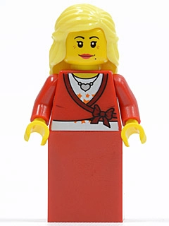 Woman, Cardigan Tied with Bow and Necklace, Red Skirt, Bright Light Yellow Hair