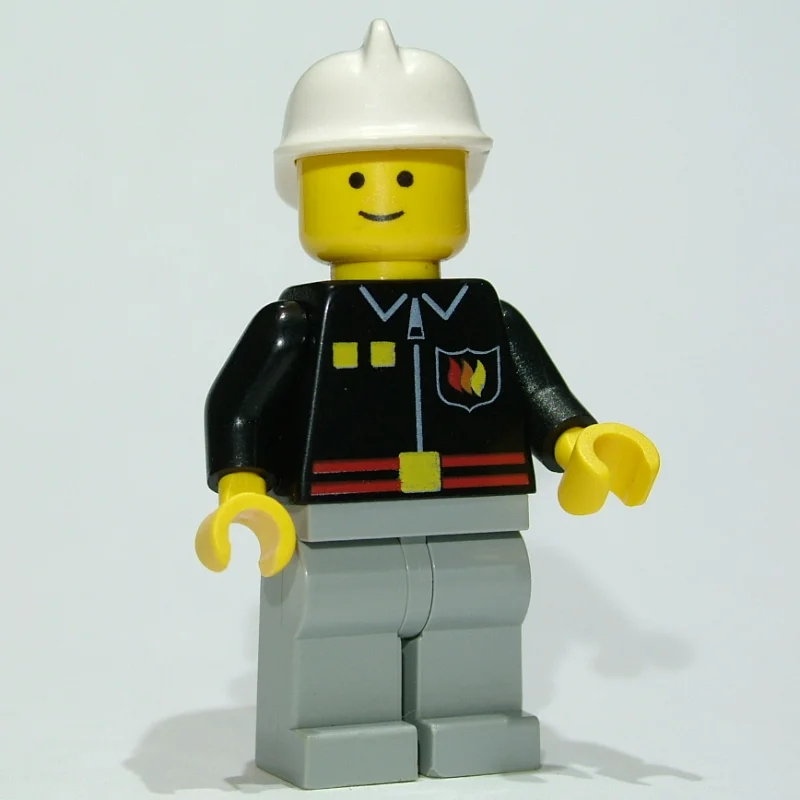 Fireman, Black Fire Jacket with Red Belt and Badge, Light Bluish Gray Legs, White Helmet