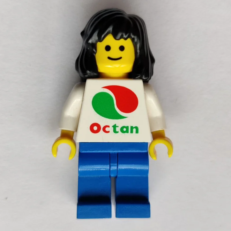 Woman, White Top with Large Octan Logo, Blue Legs, Black Hair