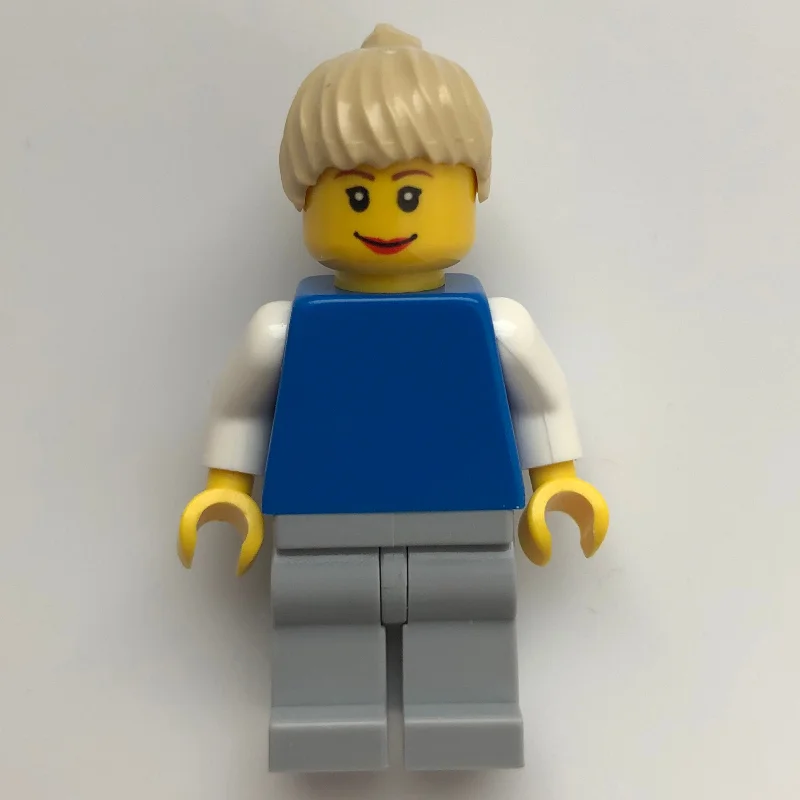 Blue Torso, Light Bluish Gray Legs, Tan Hair