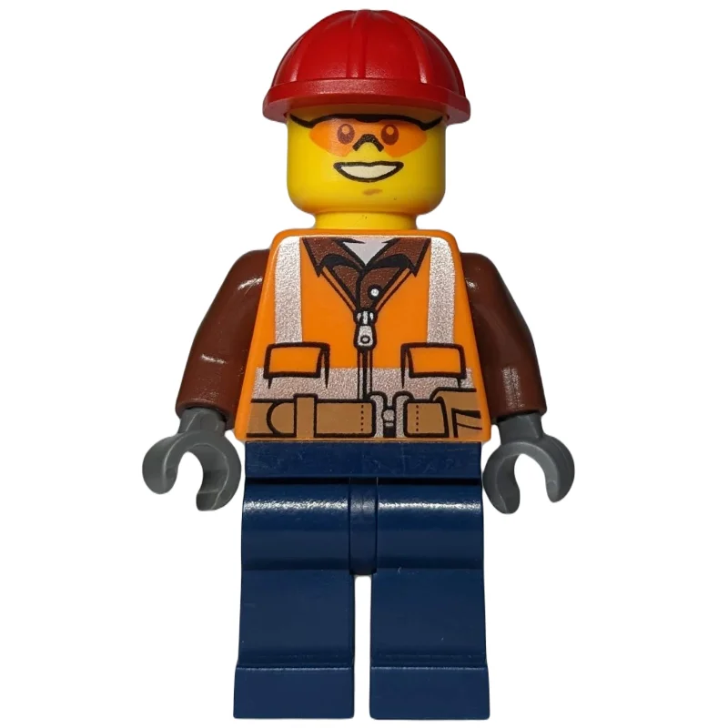 Construction Worker, Orange Safety Vest with Zipper over Reddish Brown Shirt, Dark Blue Legs, Red Hard Hat, Orange Safety Glasses