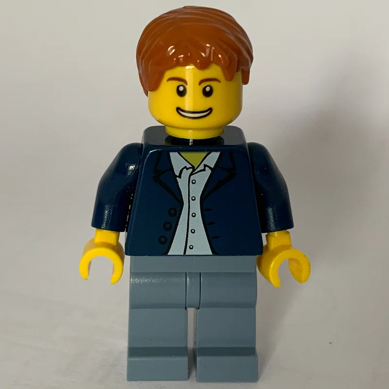 Man, Open Dark Blue Jacket, Sand Blue Legs, Dark Orange Hair
