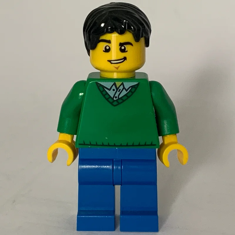 Man, Green V-Neck Sweater, Blue Legs, Black Hair