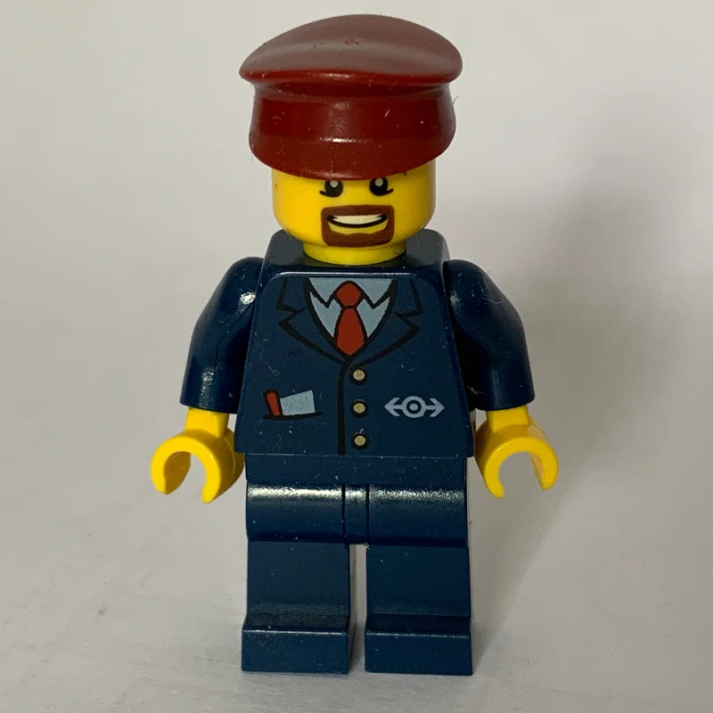 Train Conductor, Dark Blue Suit with Tie and Train Logo, Dark Red Hat, Goatee Beard