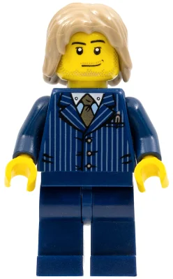 Man, Dark Blue Pinstripe Suit with Gold Tie, Dark Tan Hair