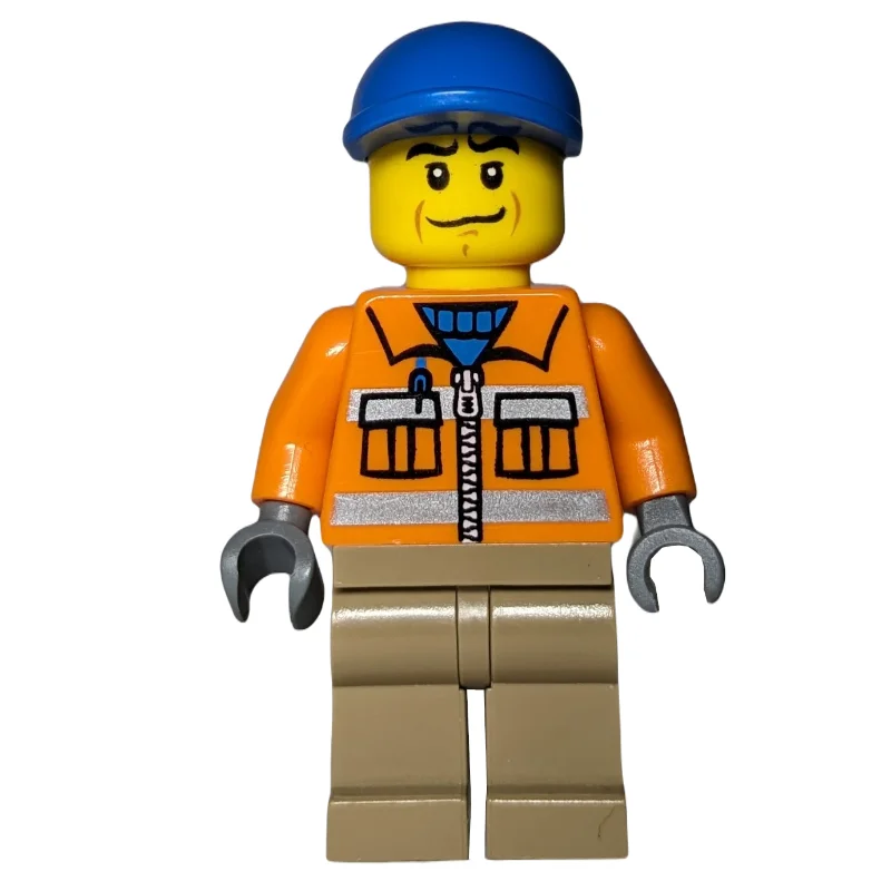 Construction Worker, Orange Jacket with Zipper and Reflective Stripes, Dark Tan Legs, Blue Cap