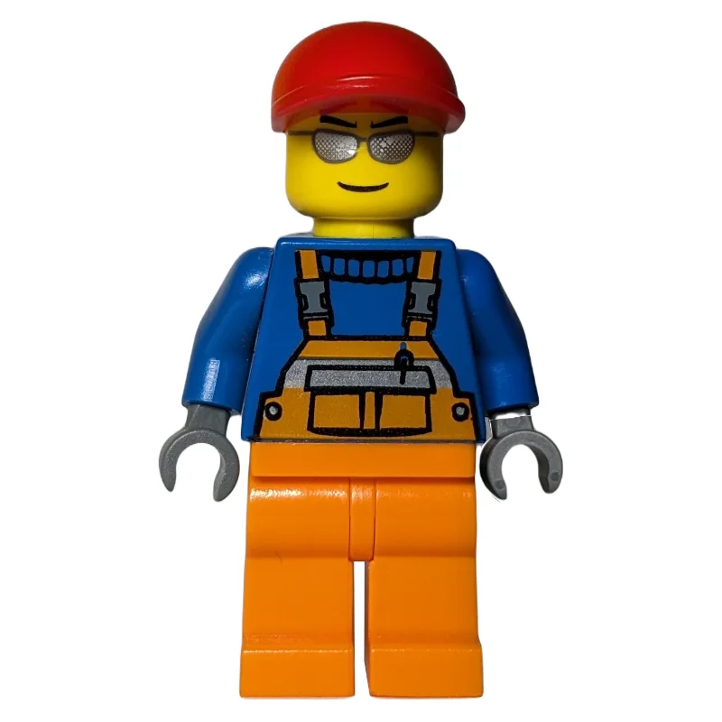 Construction Worker, Orange Overalls over Blue Sweater, Red Cap, Silver Sunglasses