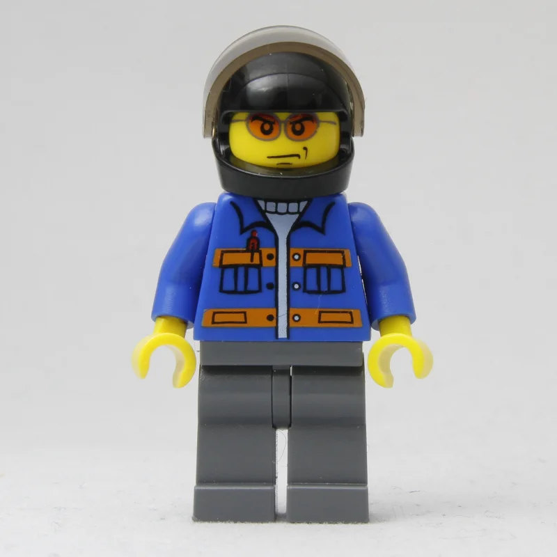 Worker, Blue Jacket with Orange Stripes, Dark Bluish Gray Legs, Black Helmet with Visor, Orange Sunglasses