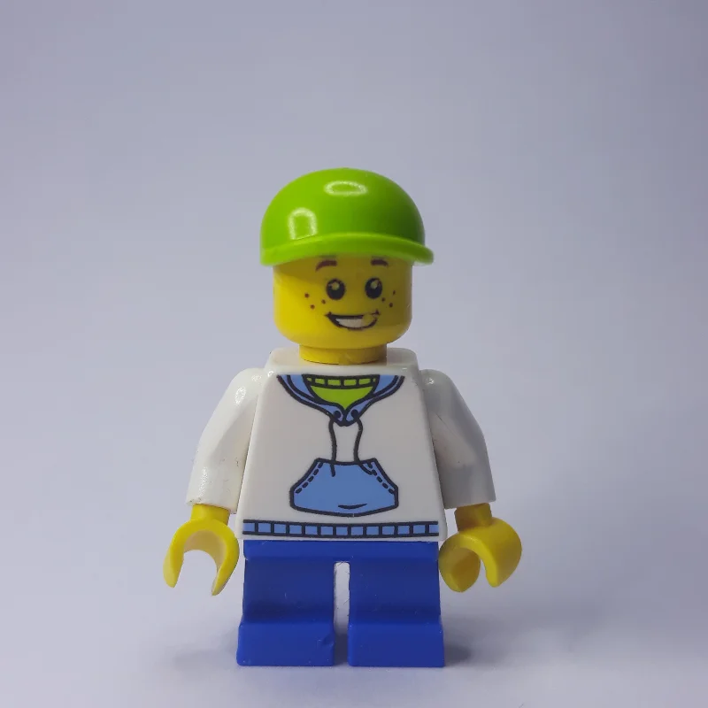 Boy, White and Blue Hoodie, Short Blue Legs, Lime Cap (3626c Head)