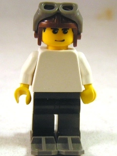 White Torso, Black Legs, Reddish Brown Aviator Cap, Skis, Male