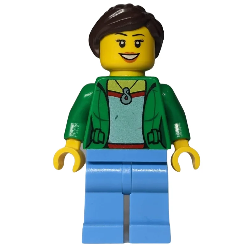 Woman, Open Green Jacket with Necklace, Dark Brown Hair