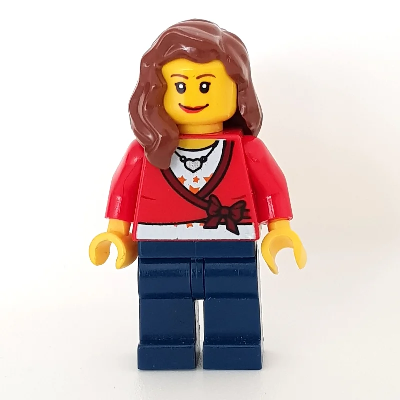 Woman, Cardigan Tied with Bow and Necklace, Dark Blue Legs, Reddish Brown Hair