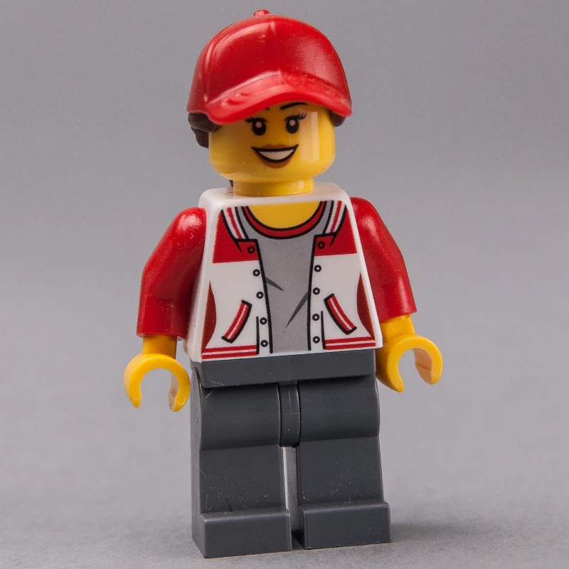 Woman, Red and White Letterman Jacket, Dark Bluish Gray Legs, Red Cap with Hair