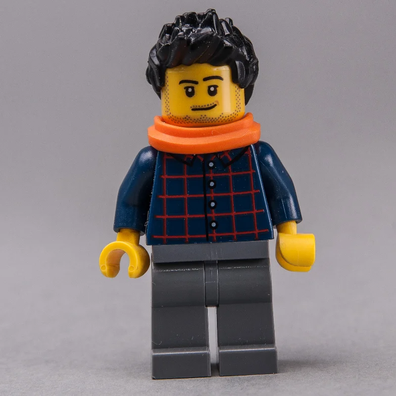 Man, Dark Blue Plaid Shirt, Dark Bluish Gray Legs, Black Hair, Orange Scarf, Stubble