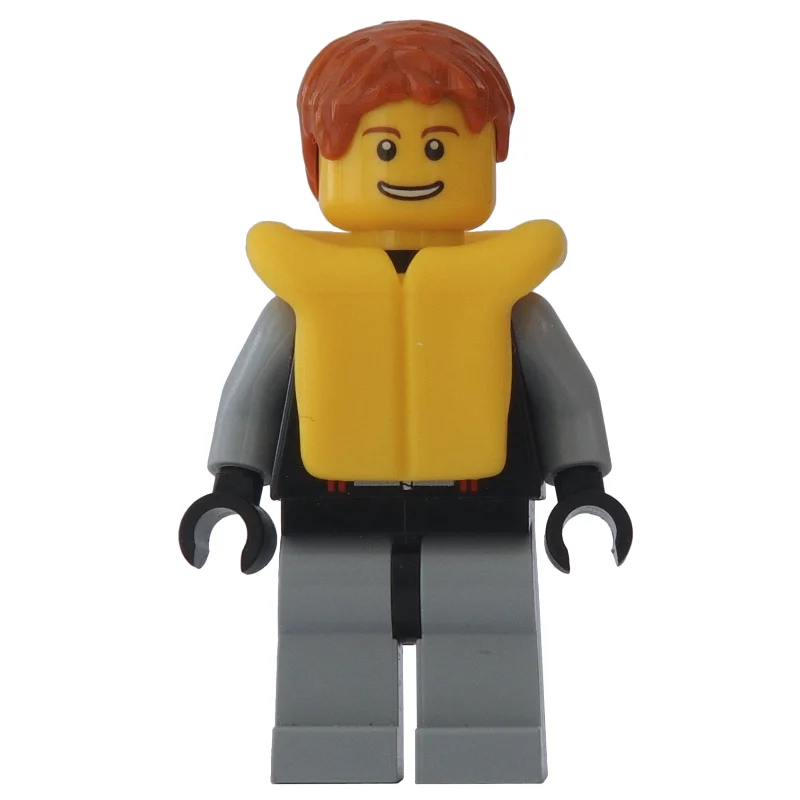 Man, Black and Light Bluish Gray Wetsuit, Dark Orange Hair, Yellow Life Vest