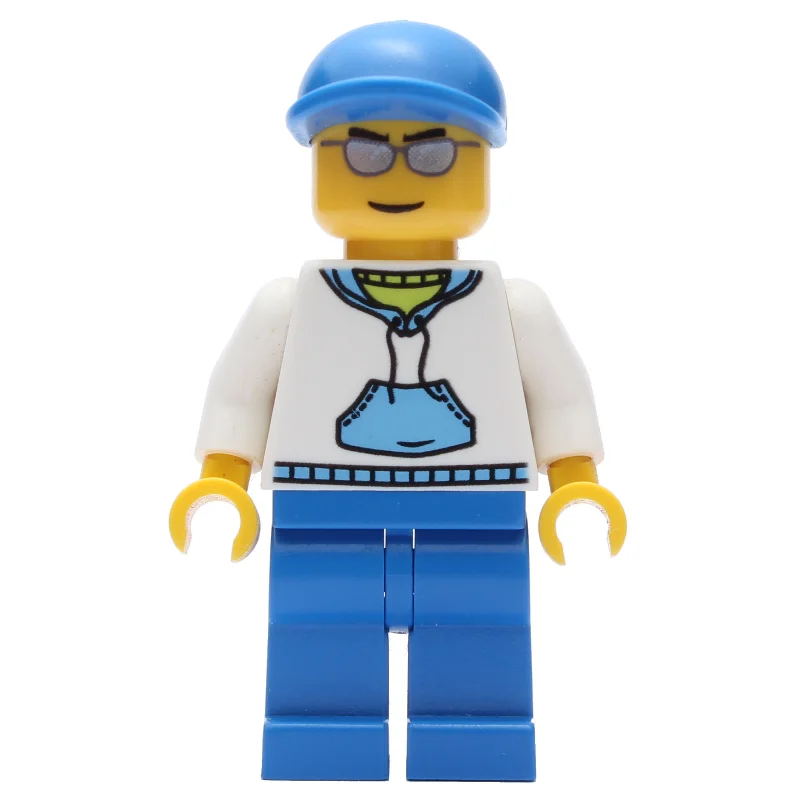 Man, White and Blue Hoodie, Blue Legs, Blue Cap, Silver Sunglasses