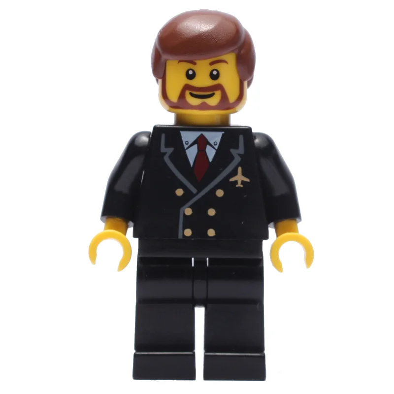 Pilot, Black Suit with Tie and Airplane Badge, Reddish Brown Hair, Beard