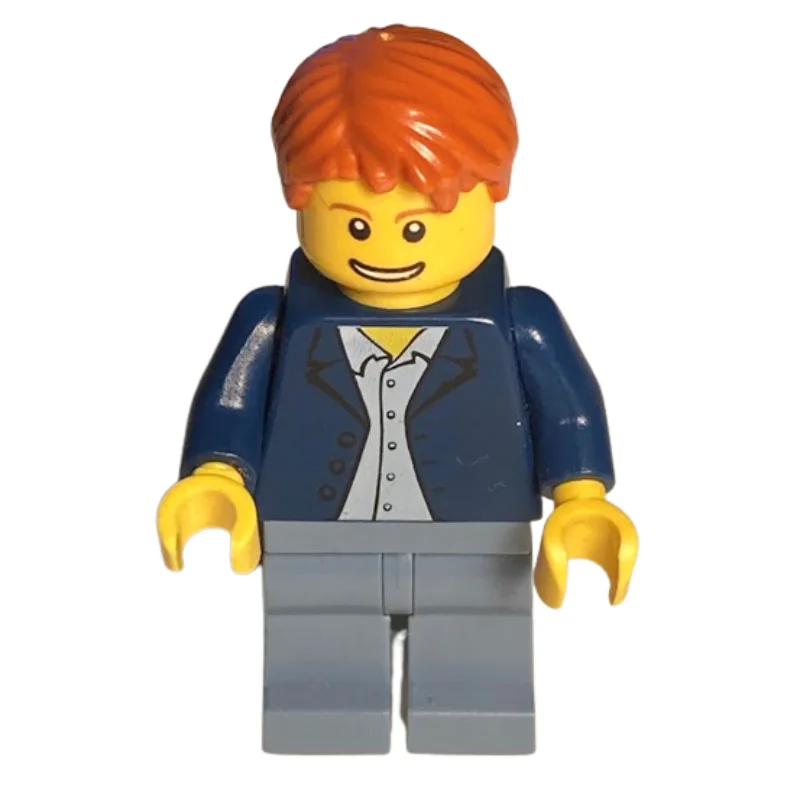 Man, Open Dark Blue Jacket, Dark Bluish Gray Legs, Dark Orange Hair