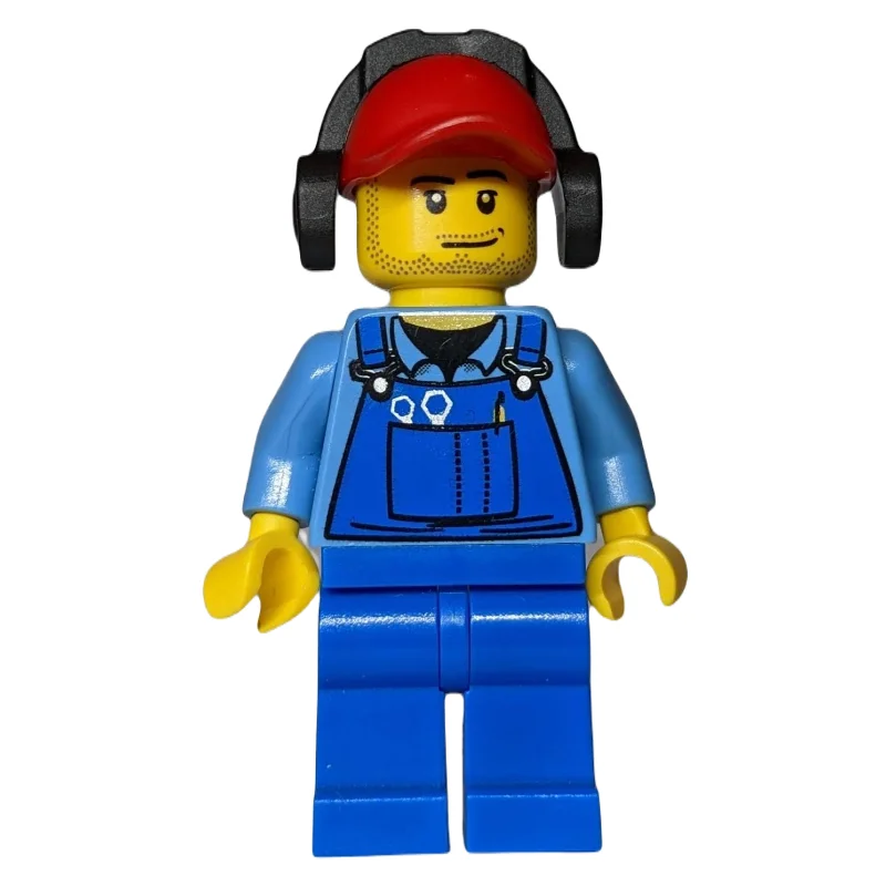 Ground Crew, Blue Overalls over Shirt, Red Cap with Ear Defenders, Stubble