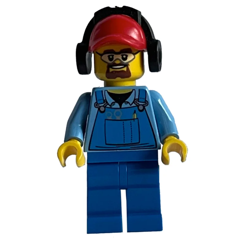 Ground Crew, Blue Overalls over Shirt, Red Cap with Ear Defenders, Safety Glasses and Goatee Beard