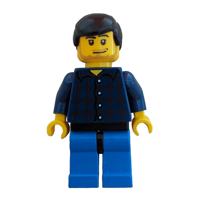 Man, Dark Blue Plaid Shirt, Blue Legs, Black Hair, Stubble